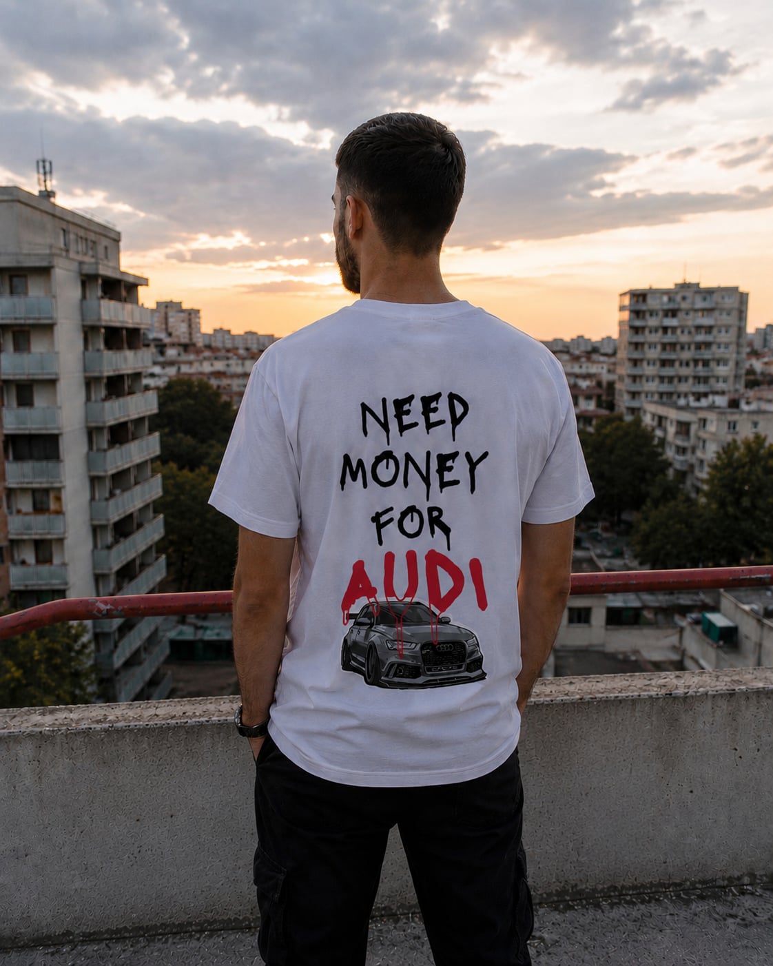 Тениски Need Money For AUDI, бели и черни тениски на AUDI, тениска с щампа АУДИ